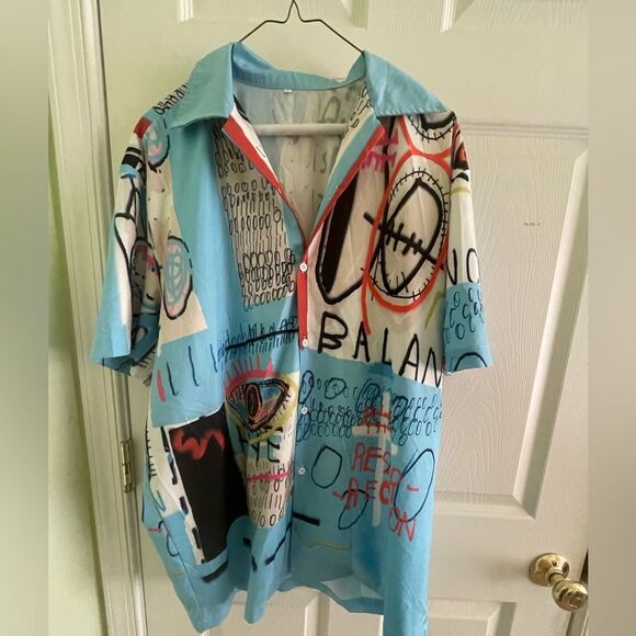 Pop Art Dress Shirt Short sleeve - Blue Black Button Down Casual Dress Shirt XL - Picture 5 of 7